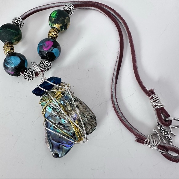 Handcrafted Abalone Shell Pendant Assemblage Art Mixed Media Necklace Leather - Picture 2 of 11
